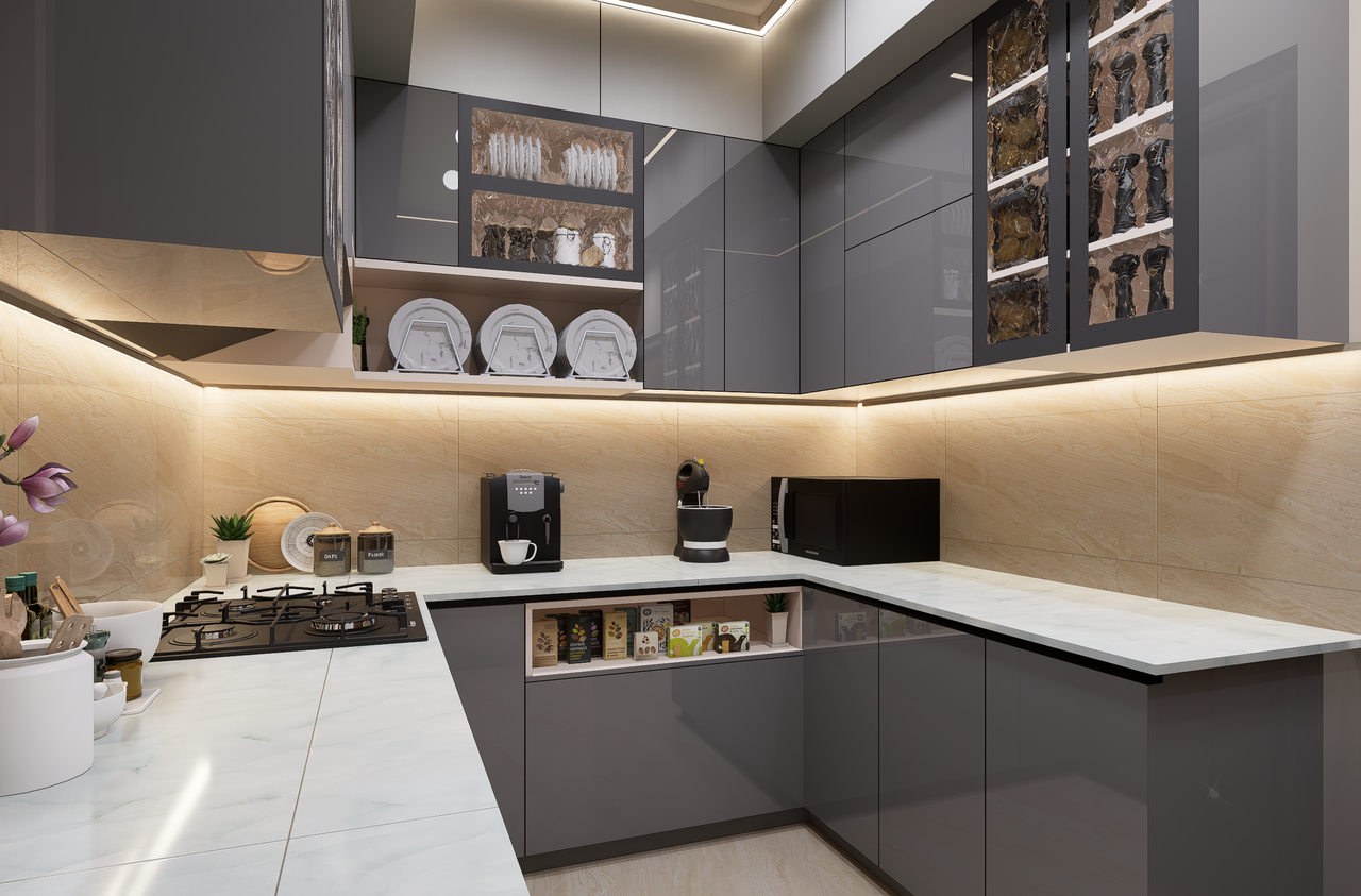 gallery-4 Sleek and modern kitchen with grey cabinets and marble countertops, featuring lighting.