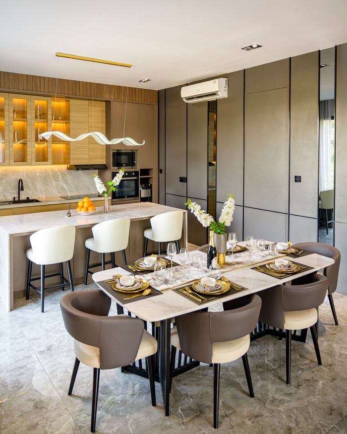 services-img Chic and contemporary dining and kitchen area with elegant decor in Jakarta apartment.