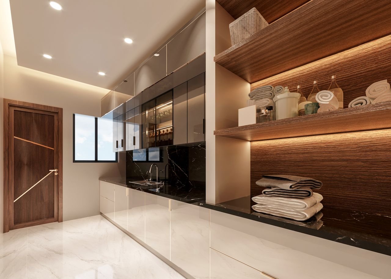 gallery-3 Sleek modern kitchen interior with glossy surfaces, wooden accents, and abundant natural lighting.