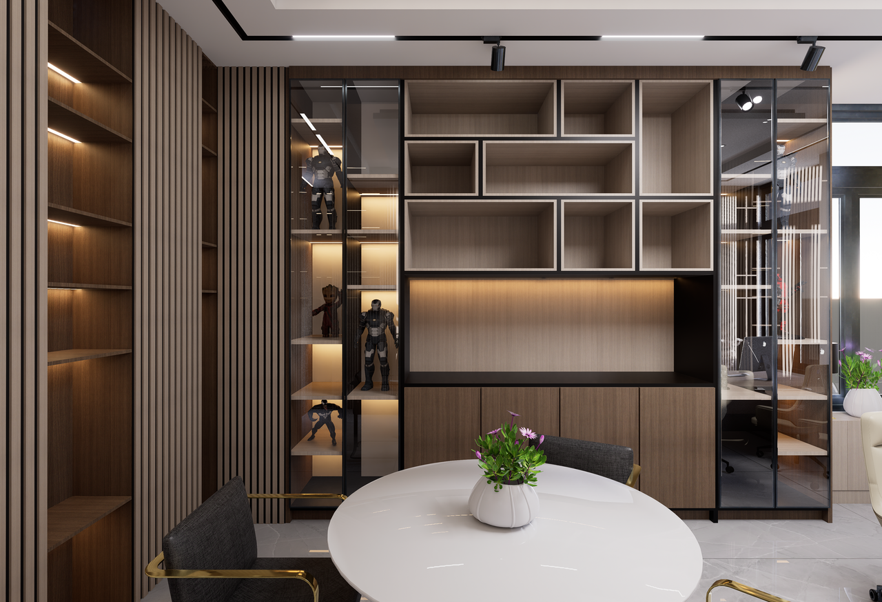 our-experience Sleek modern office room featuring built-in shelves, table, and chairs, designed with neutral tones.