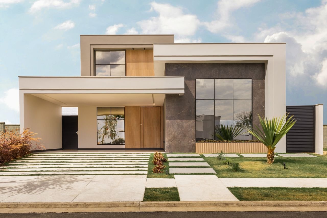 services-02 Contemporary house exterior with minimalist design, large windows, and landscaped front yard.